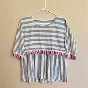 Fringe trim striped tee